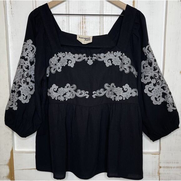 Savanna Jane Boho Blouse Long Sleeve Floral Embroidered Peplum Puff Sleeve Top L - Picture 1 of 8